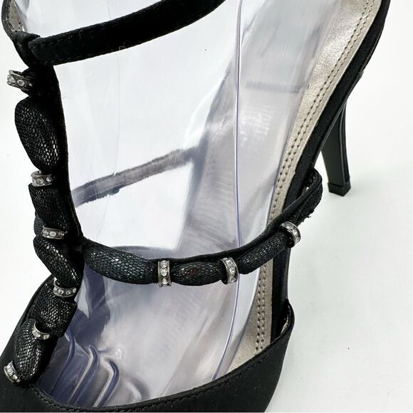 M. By Marinelli Black Satin Sparkly Jeweled T-Strap Stiletto Evening Sandal 8.5M - Picture 13 of 16